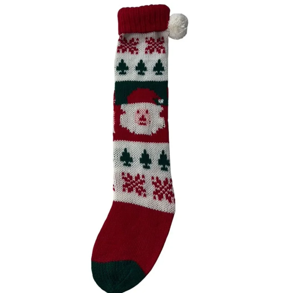 Vintage Knit Santa Claus Stocking Pom Pom Skinny Long Red Green Nostalgia Argyle